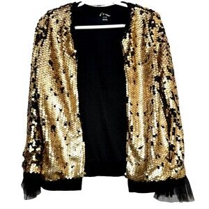 Art Class Girls XL 14/16 Gold Black Sequin Open Front Party Jacket Tulle Cuffs
